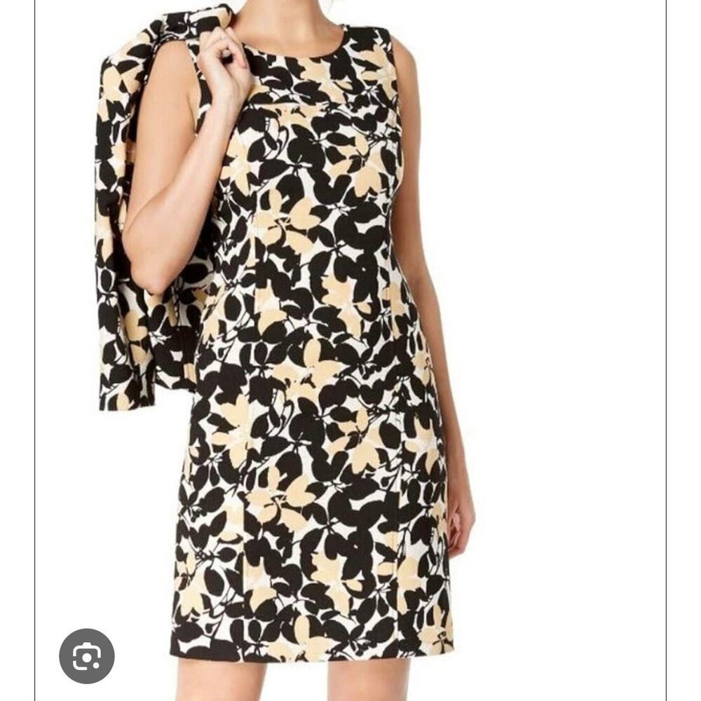 Kasper Floral Sheath Dress Size 14 W Black White Tan NWT Fall Office Minimalist